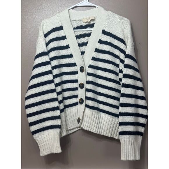 La Maille Sézane Blue & White Striped Fishermancore Nautical Button Up Cardigan - Picture 2 of 11
